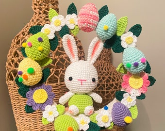 Crochet Easter Wreath with bunny and flowers /Pattern/PDF/English only/ Amigurumi, Easter toys, Easter bunny, Easter Decoration, Patterns