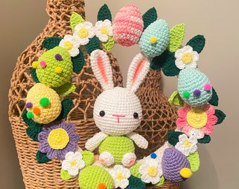 Crochet Easter Wreath Pattern: Bunny, Flowers, Eggs (PDF)