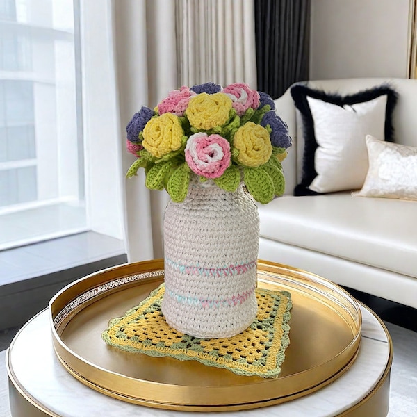 Crochet Vase with Flowers, Small Rose with Vase Crochet Pattern | Flower Bouquet DIY Crochet Pattern | English