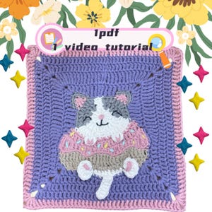 Schema all'uncinetto per quadrati della nonna con ciambella a forma di gatto grande/1 PDF/1 video tutorial