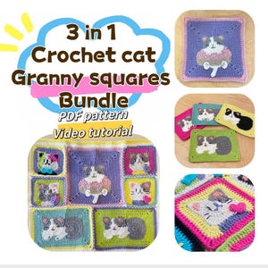 Schema digitale/schema PDF/tutorial video per il quadrato della nonna con gatto all'uncinetto
