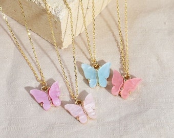 Butterfly Pendant Necklace, Pink and Gold Chain, Crystal Accents, Cute Kawaii Jewelry