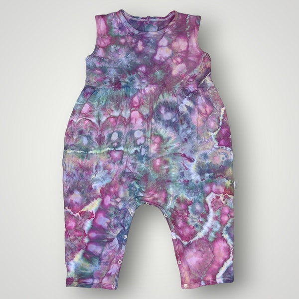 Tie dye romper 12-18 mos baby kids toddler girl onesie jumpsuit bamboo hand ice dyed tank sleeveless snaps bubble pants blue purple green