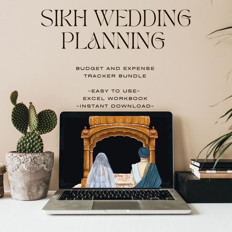May include: A laptop computer displaying a digital illustration of a Sikh wedding ceremony. The image shows a couple standing under a golden archway. The text on the screen reads "Sikh Wedding Planning, Budget and Expense Tracker Bundle, -Easy to Use- Excel Workbook, -Instant Download-"