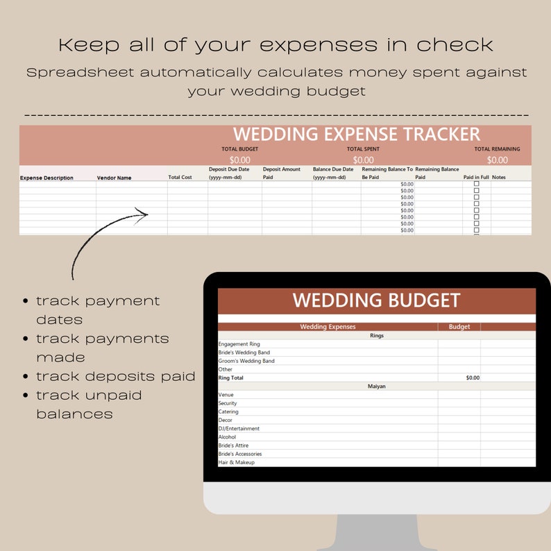 May include: A computer screen displaying a wedding budget spreadsheet with categories for wedding expenses, such as rings, venue, catering, and more. The spreadsheet includes columns for budget, actual cost, and remaining balance. The spreadsheet is titled "Wedding Budget".