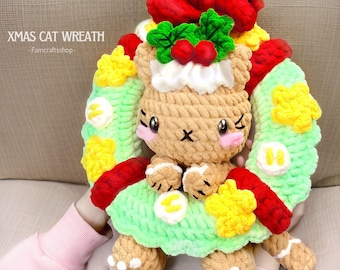 Christmas Wreath with Cat Crochet Pattern - Holiday Amigurumi Tutorial, DIY Festive Christmas Decoration, English PDF Download