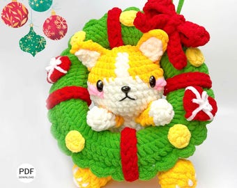Christmas Wreath with Dog Crochet Pattern - Holiday Amigurumi Tutorial, DIY Festive Christmas Decoration, English PDF Download