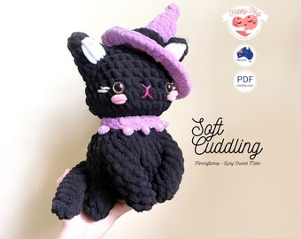 Cat Crochet Pattern - Adorable Witch Black Kitten Amigurumi Tutorial, Animal Crochet Design, Stuffed Plushy Pet DIY,  English PDF Download