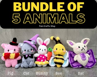 Animal Crochet Pattern - 5 in 1 Bundle Amigurumi Tutorial, Easy Animal Crochet Design, Stuffed Plushy Pet DIY,  English PDF Download