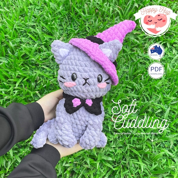 Schema per uncinetto di un gatto - Adorabile gattino strega amigurumi - Tutorial, Facile modello di animale all'uncinetto, Peluche fai da te, Download PDF in inglese