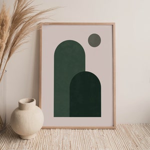 Lámina de arte abstracto verde oscuro, arte mural moderno de mediados de siglo en verde bosque imprimible, láminas de pared con arcos bohemios en verde esmeralda, pósteres descargables