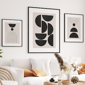 Set Of 3 Black & White Modern Geometric Style Prints, Abstract Minimal Art Print Set, Japandi Art Gallery Wall Design, Inspiring Art Posters