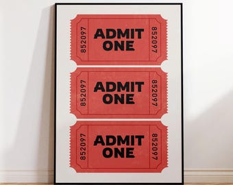 Admit One Red Ticket Print, Retro Cinema Wall Art, Vintage Movie Poster (Digital Download)