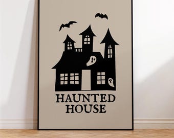 Retro Black Haunted House Halloween Poster Print (Digital Download