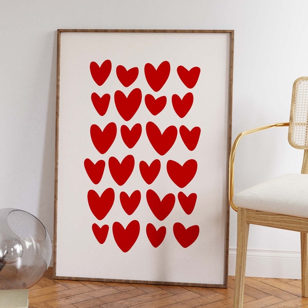 Rote Herzen Preppy druckbare Poster | Abstrakte Hand gezeichnete Herzen Drucke | Funky Raumdekor | Girly Studentenwohnheim Poster | Y2K Niedliche Wandkunst