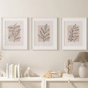 Set of 3 Beige & Black Botanical Wall Art Prints, Minimalist Neutral ...