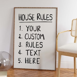 Tekstposter met huisregels aanpassen | Afdrukbaar huisregelsontwerp, gepersonaliseerde funky posterprint, maak je eigen preppy appartementmuurkunst