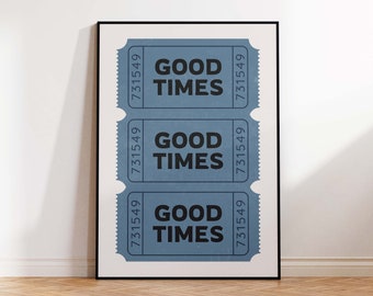 Trendy Wall Art Prints, Retro Good Times Ticket Print, Blue Wall Art Prints, Blue Retro Bar Cart Decor, Preppy Printable Wall Art Room Decor