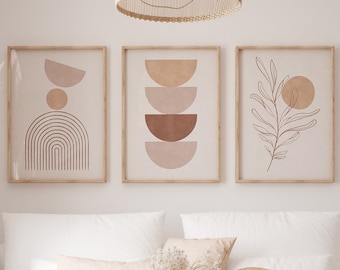 Estetyczny Boho abstrakcyjny zestaw nadruków, neutralny geometryczny zestaw sztuki nowoczesnej z 3 odbitkami, minimalistyczny styl ścian roślin, plakaty z terakoty