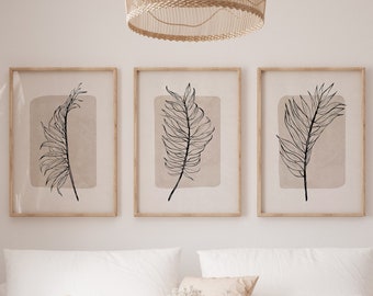 Neutral Boho Botanical Beige Wall Art, Minimalist Wildflower Leaf Print Set of 3 (Digital Download)