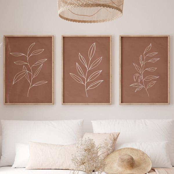 Set Of 3 Terracotta Wildflowers Wall Art Prints, Minimal Bohemian Art Posters, Modern Plant Drawing Art Set, Beige Art Prints For Home Decor