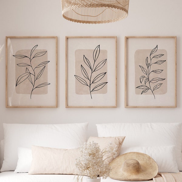 Set van 3 Beige & Black Botanical Wall Art Prints, Minimalistische Neutrale Art Print Set, Modern Boho Art Home Decor, Boho Art Poster Prints