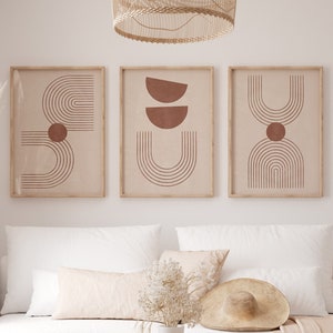 Juego de láminas minimalistas en beige y marrón, decoración de pared bohemia, póster abstracto en colores neutros, juego de 3 pósteres con líneas de terracota bohemia.