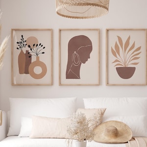 Juego de 3 impresiones de terracota bohemia, carteles abstractos imprimibles en tonos tierra, impresión de pared bohemia chic, decoración de pared con flores bohemias para sala de estar