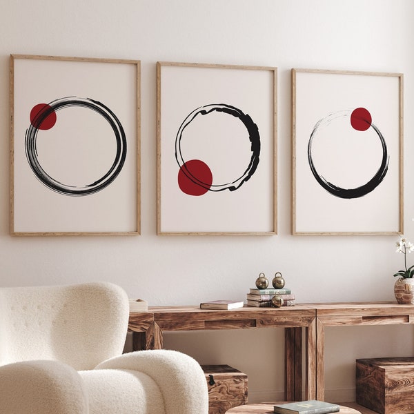 3 impressions d’art mural Zen Enso, ensemble d’affiches abstraites du cercle japonais, ensemble d’impression d’art au coup de pinceau, art mural minimaliste moderne noir et rouge