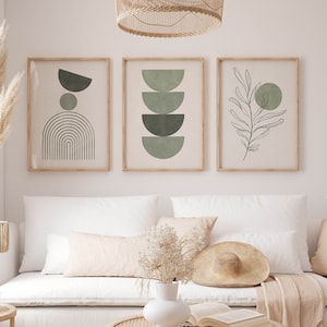 Salbeigrün Boho Wanddrucke 3er Set | Boho Wand Kunst | Ästhetische Abstrakte Drucke | Neutrale geometrische Kunst | Minimalistisches Pflanzen Poster