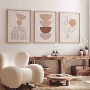 Lot de 3 imprimés abstraits bohèmes esthétiques, art mural moderne géométrique neutre, décoration murale végétale de style minimaliste, affiches bohèmes en terre cuite