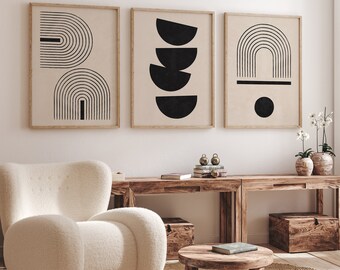 Mid Century Modern Set of 3, Bauhaus Black Beige Geometric Prints (Digital Download)