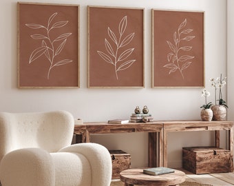Terracotta Botanical Line Art Prints – Set of 3 Minimalist Leaf Posters (Digital Download)