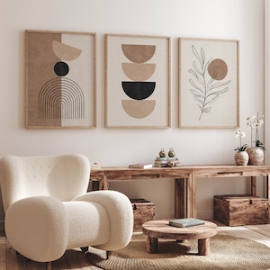 3er-Set Boho-Kunstdrucke im Mid-Century-Modern-Stil, neutrale beige geometrische Wanddekoration, Kunstdrucke mit schwarzen Linien und Bogenmotiven, druckbare digitale abstrakte Kunst