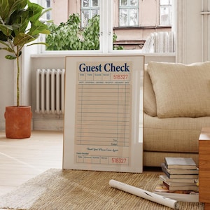 May include: A vintage-style guest check with a brown background and blue text. The check has lines for writing down orders and a section for the total amount. The check also includes the text "Guest Check", "Thank You! Please Come Again", and "Guest Receipt".
