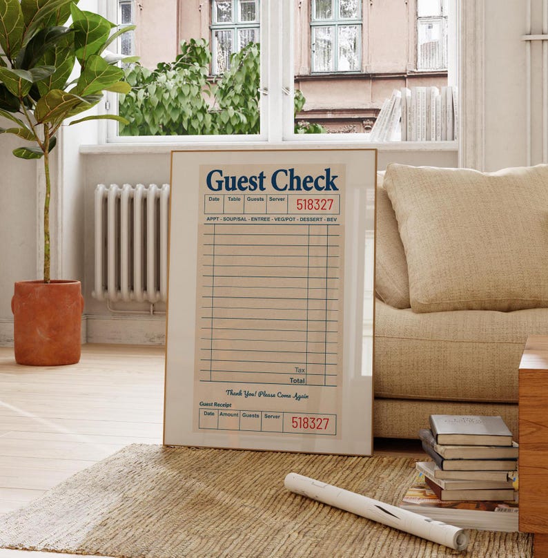 May include: A vintage-style guest check with a brown background and blue text. The check has lines for writing down orders and a section for the total amount. The check also includes the text "Guest Check", "Thank You! Please Come Again", and "Guest Receipt".
