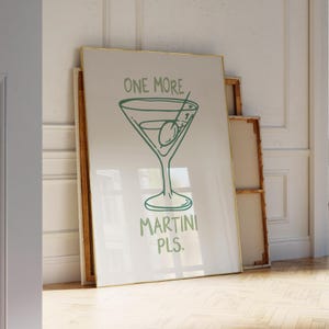 Retro Kitchen Cocktail Print, Bar Cart Wall Decor, Minimalist Drink Poster, Sage Preppy Martini Wall Art, Green One More Martini Poster