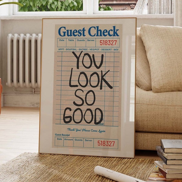 Printable Guest Check Poster, Funky Apartment Wall Art, You Look So Good Bar Cart Prints, Large Size Retro Poster, Trendy Preppy Room Decor