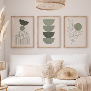 Sage Green Boho Wall Prints Ensemble de 3 | Art mural Boho | Impressions abstraites esthétiques | Art géométrique neutre | Affiche végétale de style minimaliste