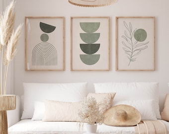 Sage Green Boho Wall Prints Set of 3 | Bohemian Wall Art | Aesthetic Abstract Prints | Neutral Geometric Art | Minimalist Style Plant Poster