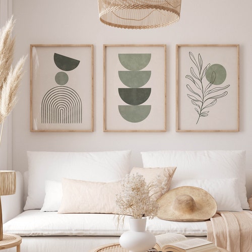 Sage Green Boho Wall Art Set Of 3 – Geometric Line Leaf Sun Moon Paintings In Solid Wood Frames - View #10