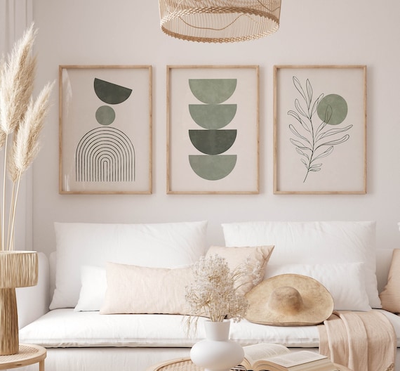 Sage Green Boho Wall Prints Set of 3 | Bohemian Wall Art | Aesthetic Abstract Prints | Neutral Geometric Art | Minimalist Style Plant Poster