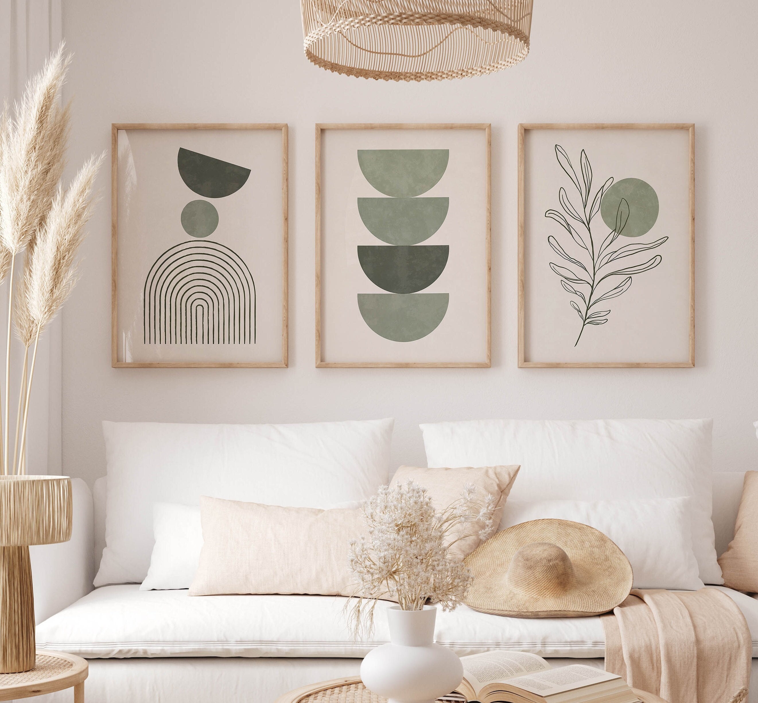 Sage Green Boho Wall Prints Set of 3 | Bohemian Wall Art | Aesthetic Abstract Prints | Neutral Geometric Art | Minimalist Style Plant Poster