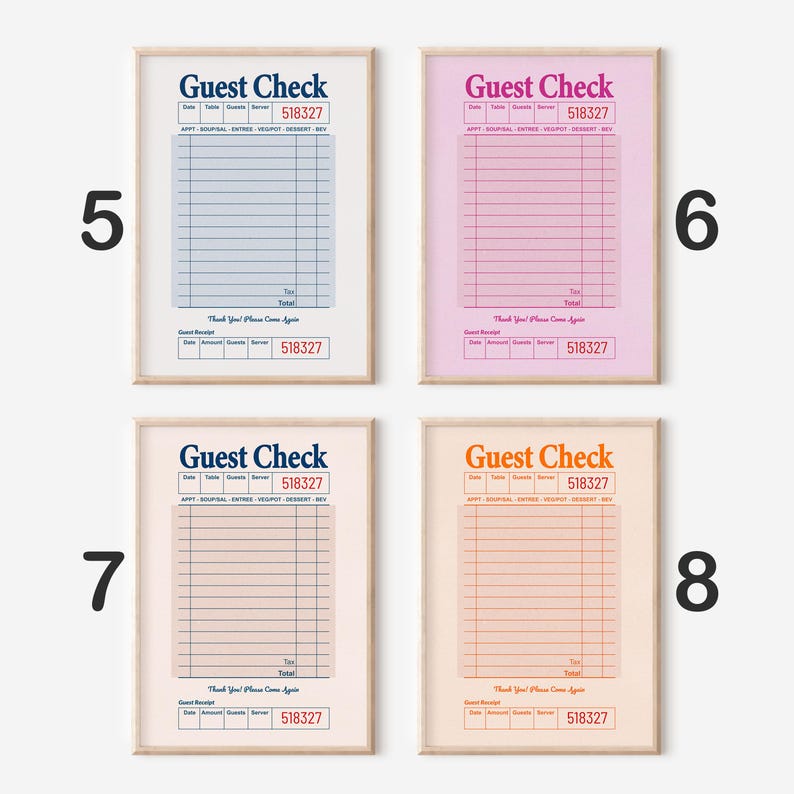 May include: Four printable guest check templates in different color schemes. Each template features the text "Guest Check" in a bold, colorful font, with the number "518327" printed at the top. The templates are designed to look like traditional restaurant guest checks, with lines for writing in the date, table number, server number, and items ordered.