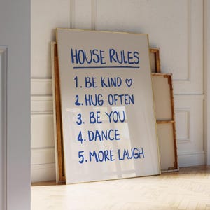 House Rules Hallway Poster, Large Printable Apartment Decor, Retro Preppy Quotes Art, House Rules Blue Prints
