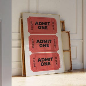 Plakat Retro Red Ticket, Admit One Wall Decor, Modne wydruki na wózkach barowych, Cyfrowy plakat retro, Wystrój pokoju Preppy