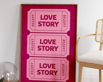 Retro Ticket Wall Art | Love Story Bar Cart Decor | Maximalist Apartment Wall Decor | Valentines Day Prints | Preppy Love Story Art Poster