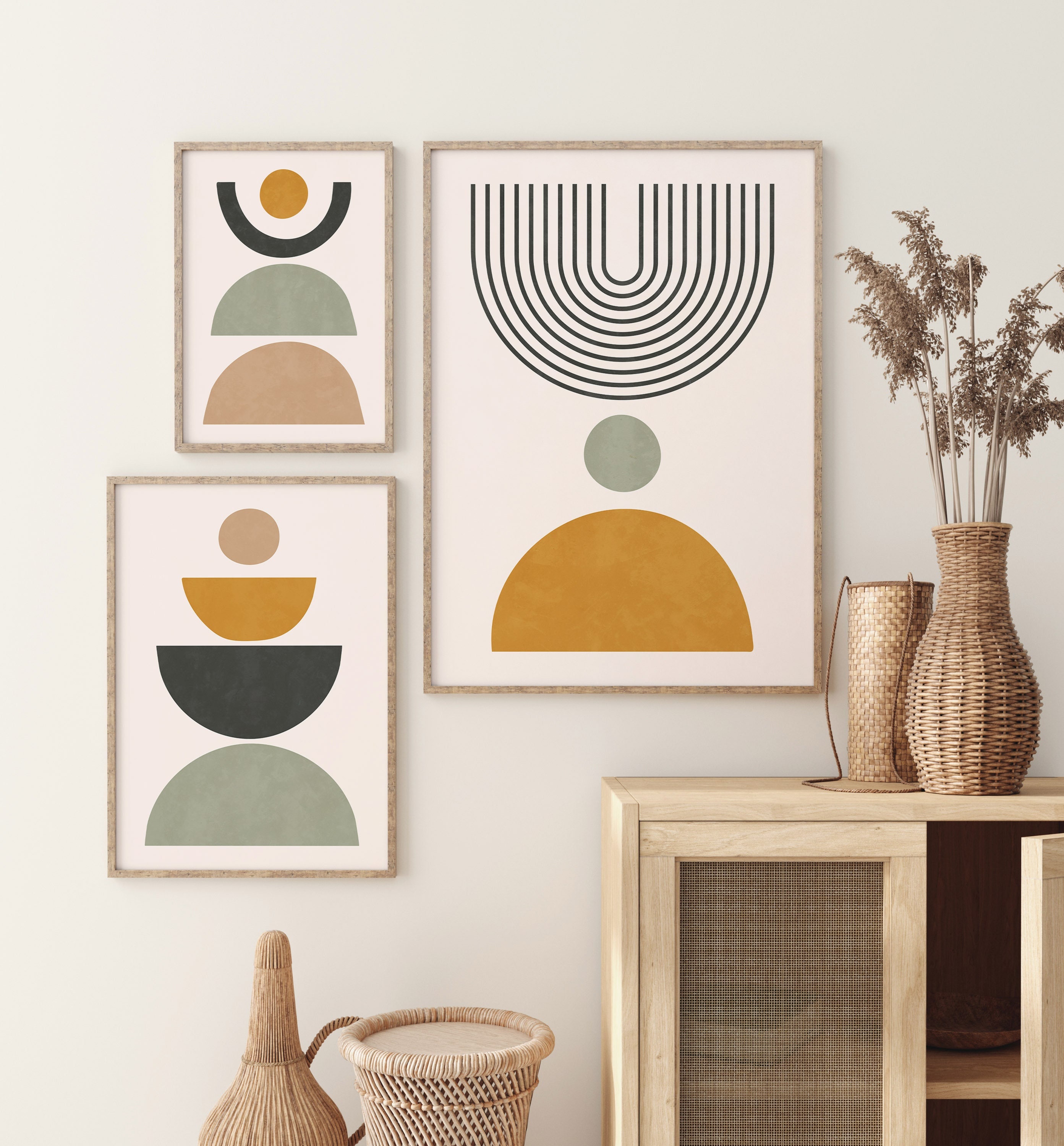 Mid Century Modern Wall Art Set of 3, Boho Abstract Geometric Print ...