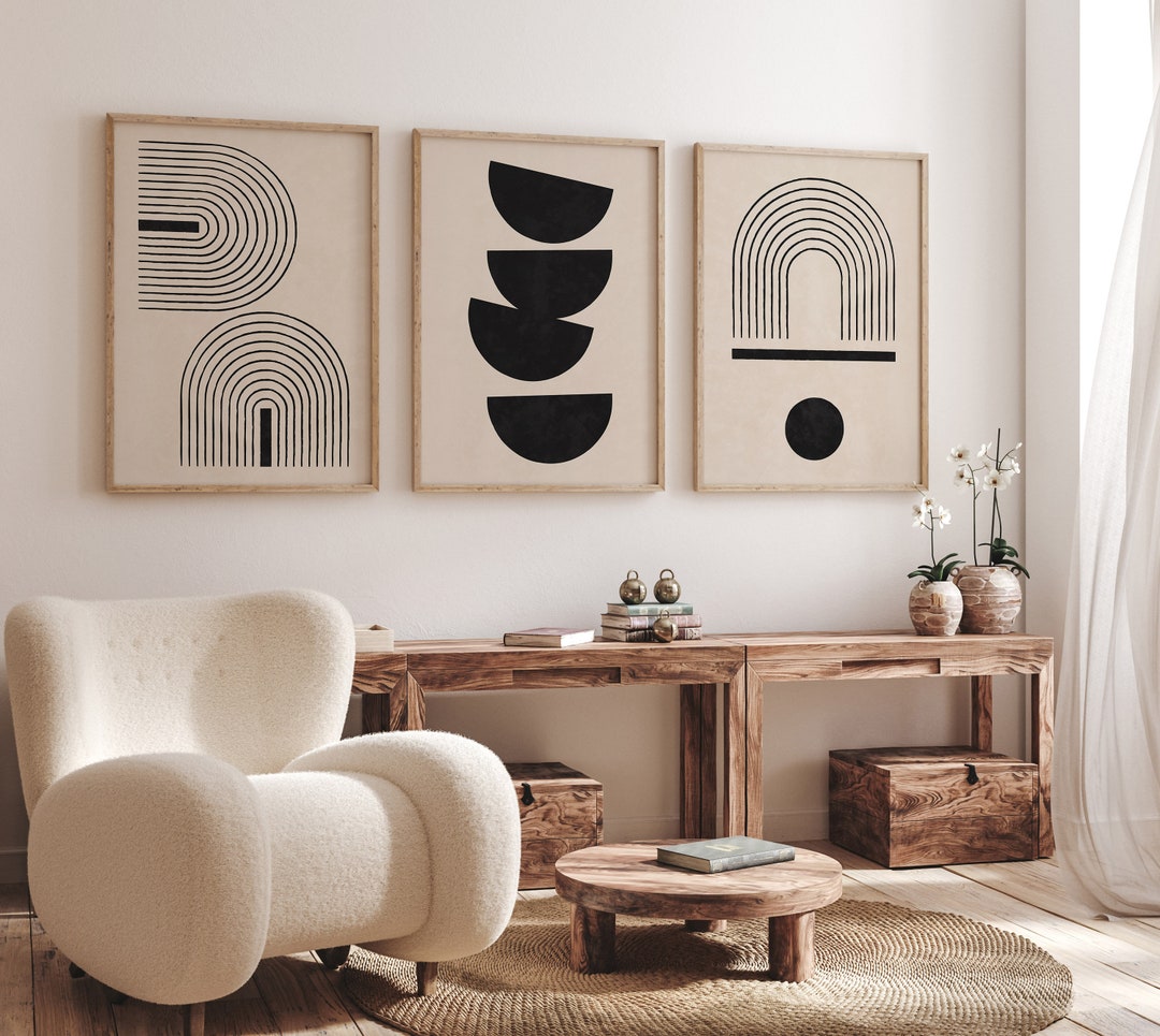 Set of 3 Black Beige Geometric Arch Prints, Mid Century Modern Japandi ...
