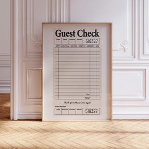 May include: A black and white printable guest check template with the text "Guest Check" at the top. The template includes sections for date, table number, guests, server, and a list of items with their prices. The bottom of the template includes a section for tax, total, and a "Thank You! Please Come Again" message.